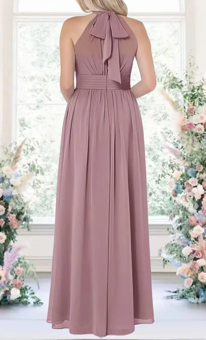 High Neck Chiffon Bridesmaid Dresses 2025 Ruffle Pleated A Line Formal Evening Dress with Slit