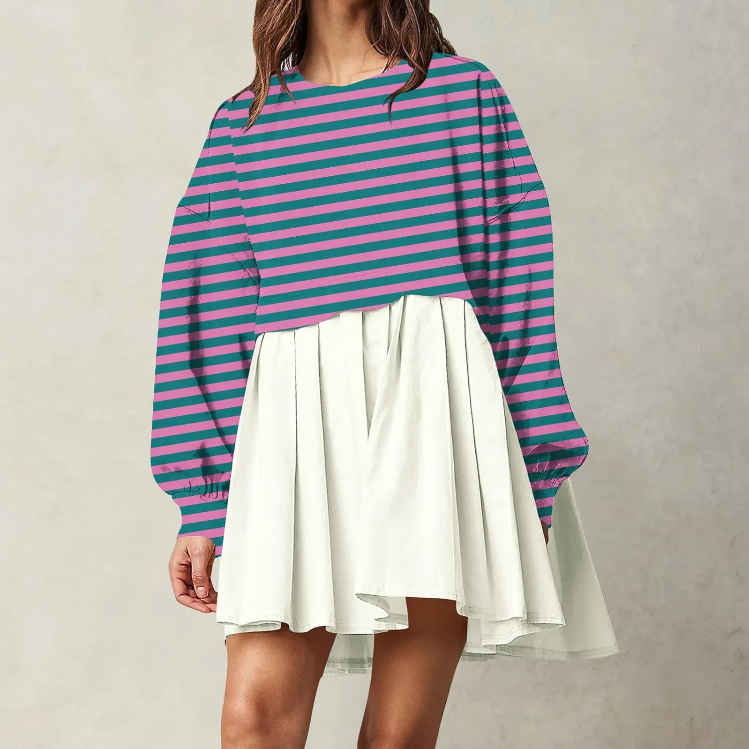hlysgo Sweatshirt Dress Women Patchwork Long Sleeve Crewneck Pullover Dresses 2024 Fall Flowy Striped Sweatshirts Mini Dress