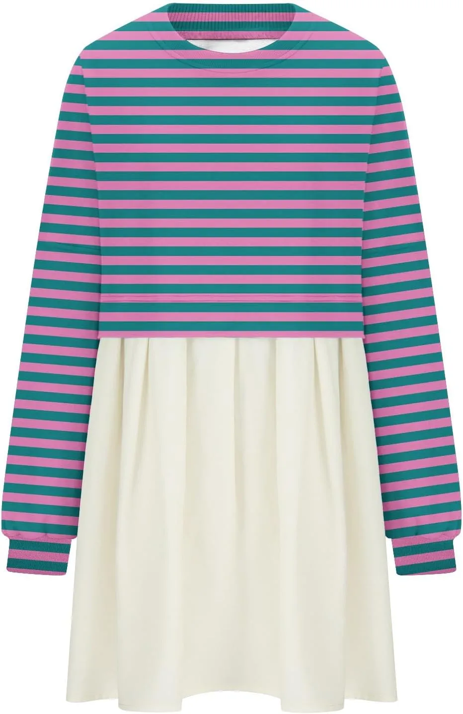 hlysgo Sweatshirt Dress Women Patchwork Long Sleeve Crewneck Pullover Dresses 2024 Fall Flowy Striped Sweatshirts Mini Dress