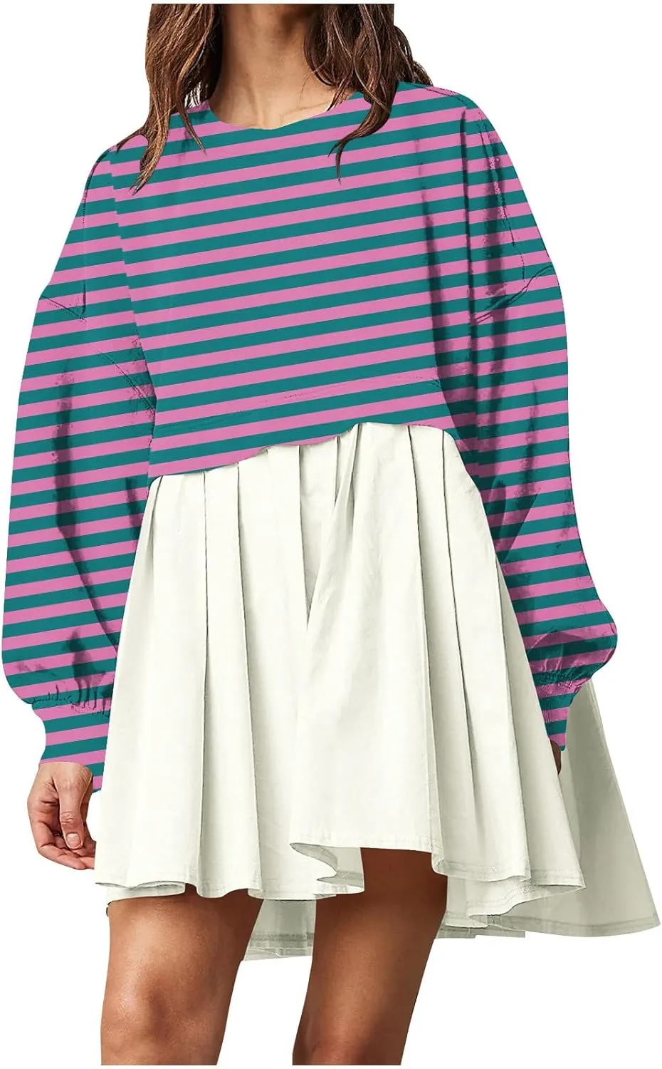 hlysgo Sweatshirt Dress Women Patchwork Long Sleeve Crewneck Pullover Dresses 2024 Fall Flowy Striped Sweatshirts Mini Dress