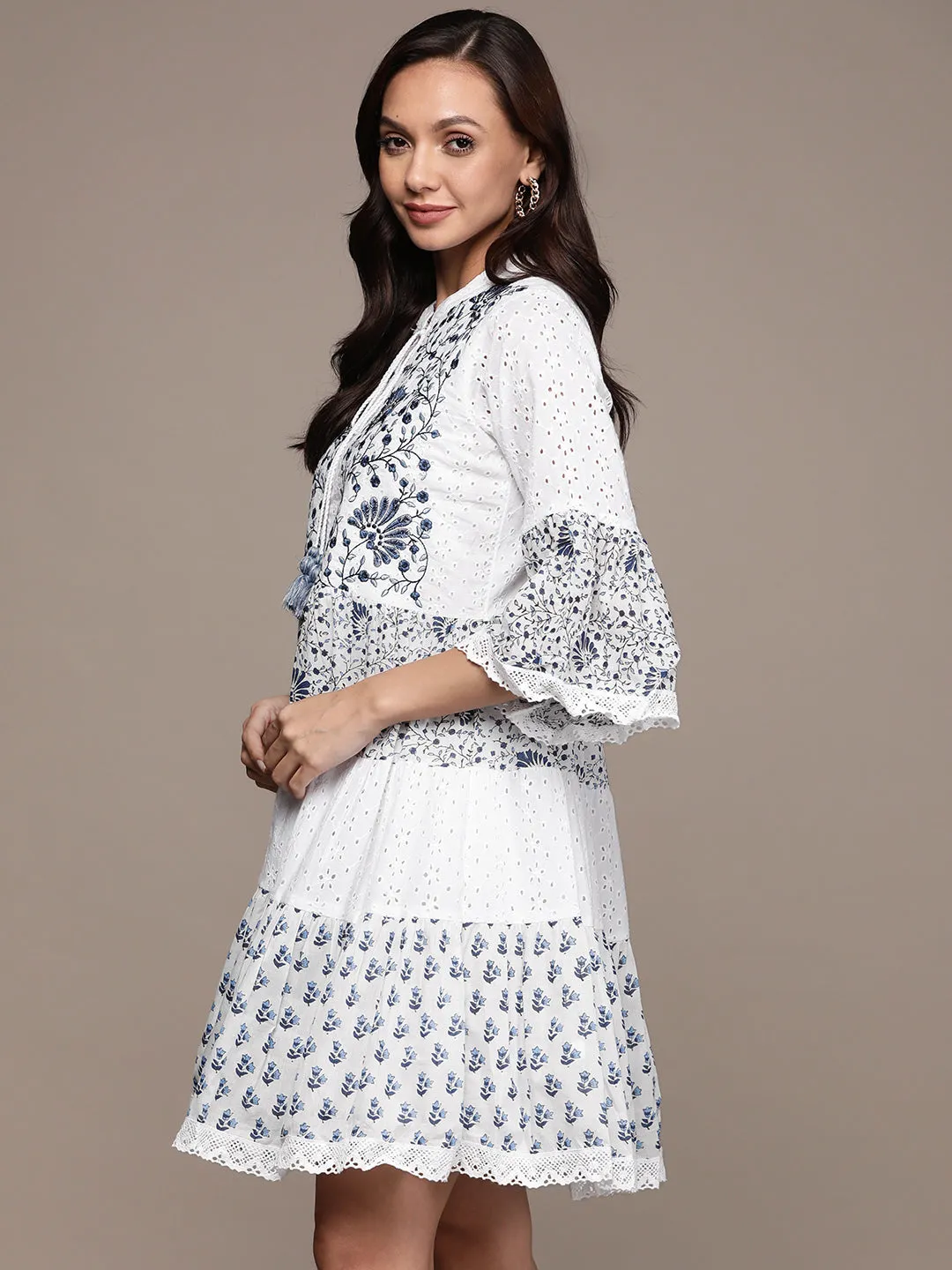 Ishin Women's White Floral A-Line Dress