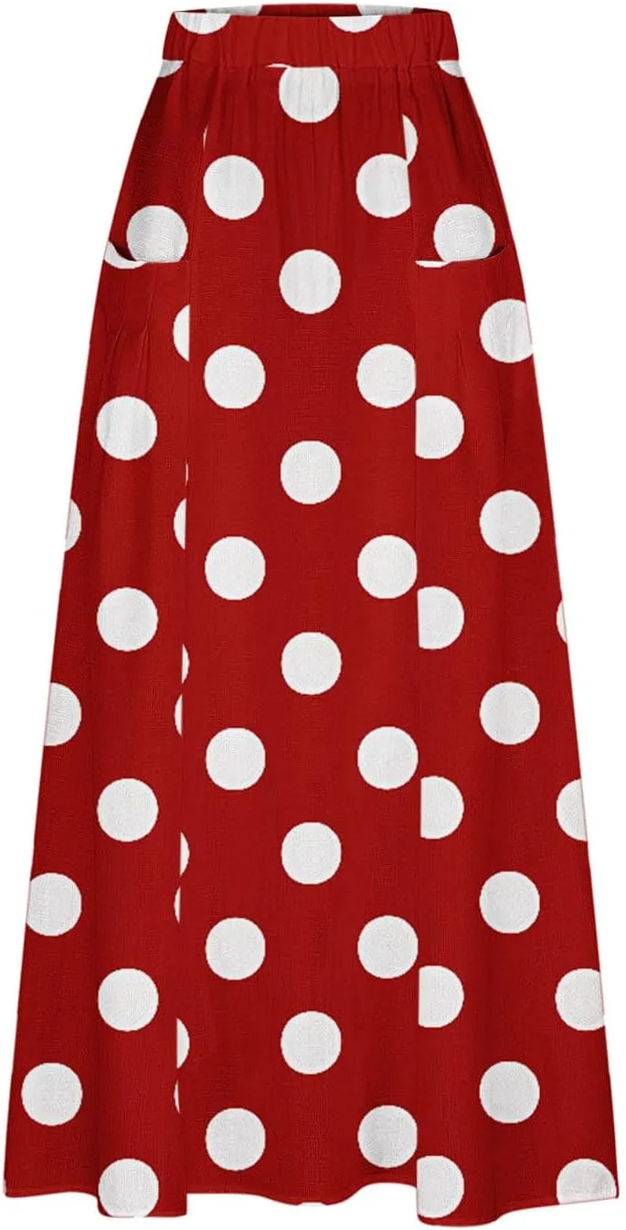 JOAU Women's Polka Dot Maxi Skirt with Pockets High Elastic Waist Flowy Casual Summer Bohemian A Line Beach Vacation Skirts