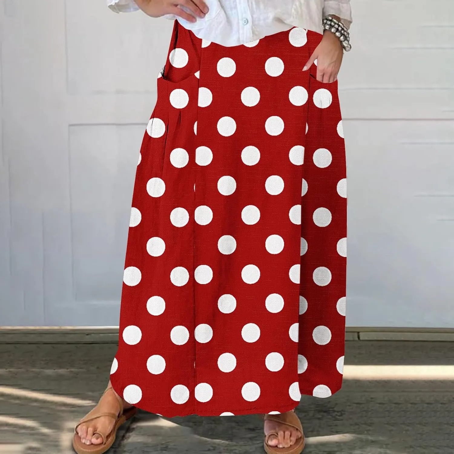 JOAU Women's Polka Dot Maxi Skirt with Pockets High Elastic Waist Flowy Casual Summer Bohemian A Line Beach Vacation Skirts