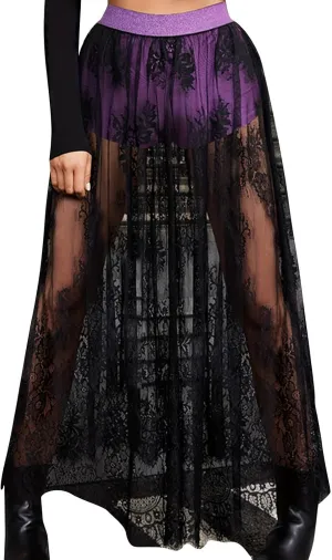 JOAU Womens Sheer Floral Lace Gothic Maxi Skirt Summer Beach Cover-ups Elastic High Waist Mesh Streetwear Long Y2K Skirts