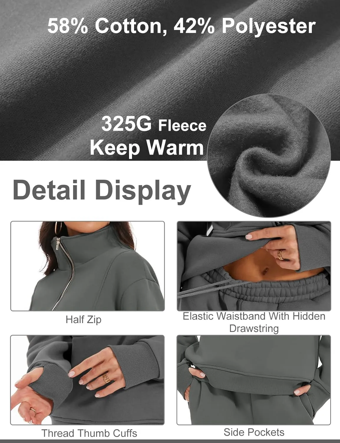 Kissonic Womens Fleece 2 Piece Outfits Sweatsuit Half Zip Pullover Sweatshirt Joggers Pants Tracksuit Set