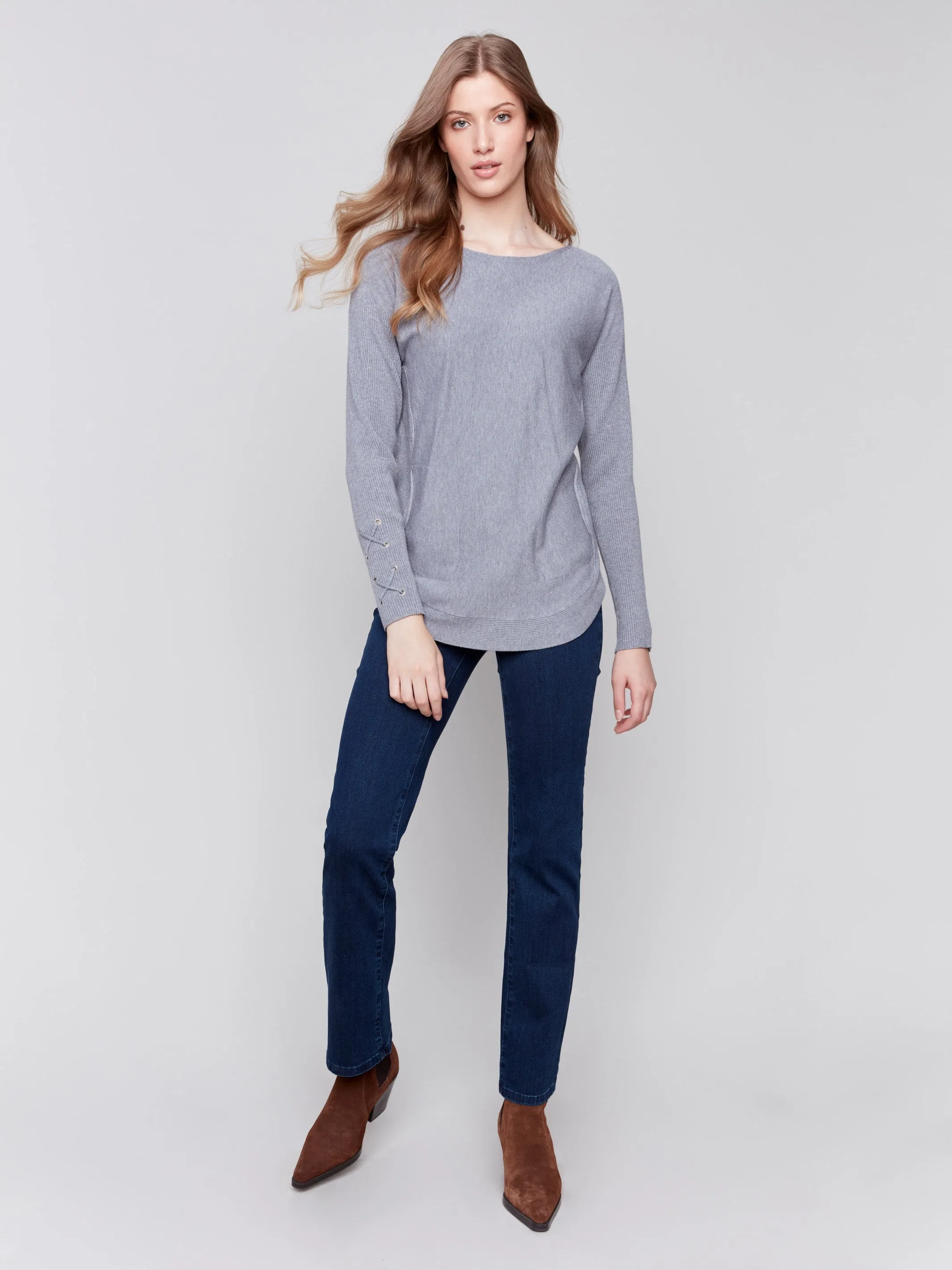 Knit Sweater With Lace-Up Cuffs - Grey - H-Grey