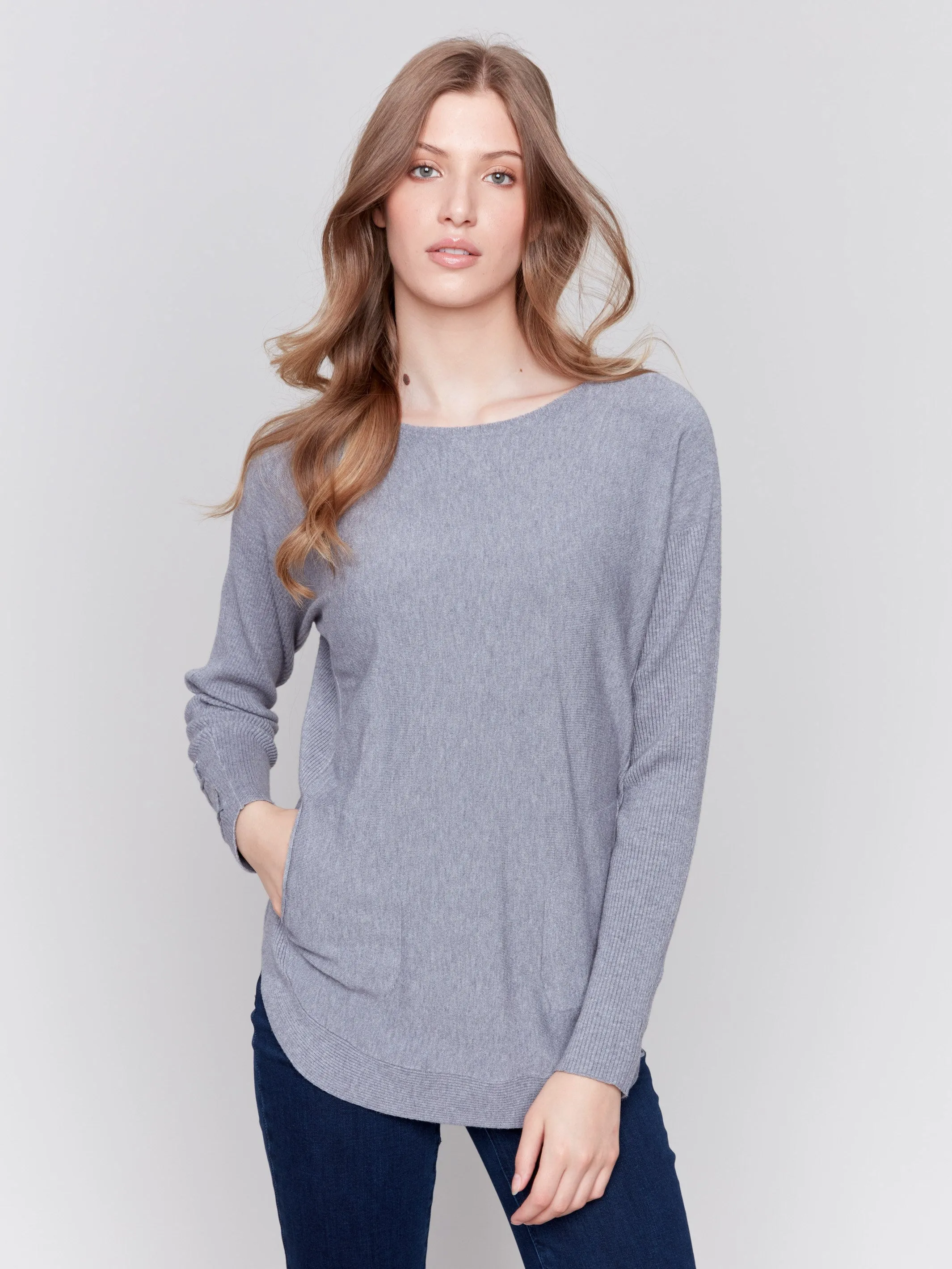 Knit Sweater With Lace-Up Cuffs - Grey - H-Grey