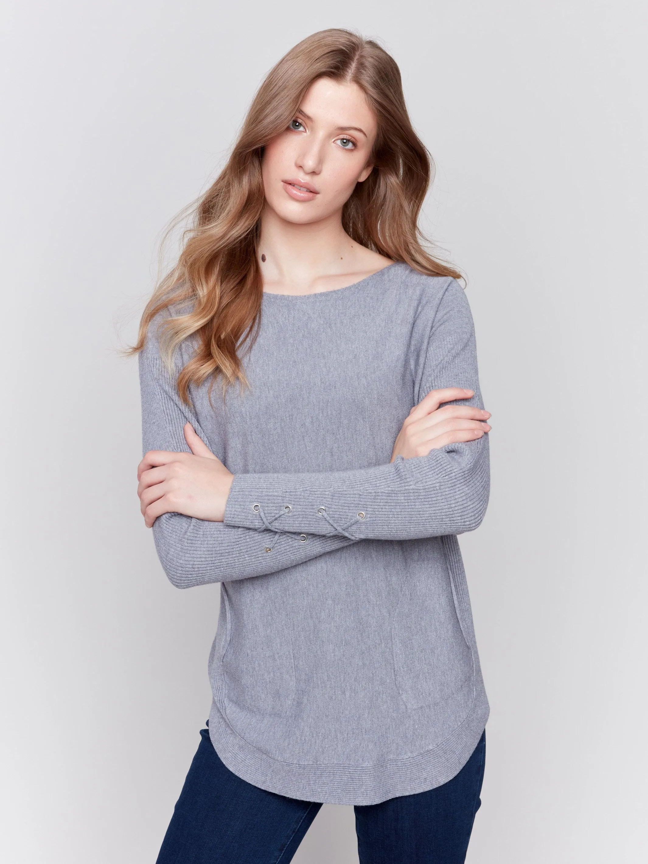 Knit Sweater With Lace-Up Cuffs - Grey - H-Grey