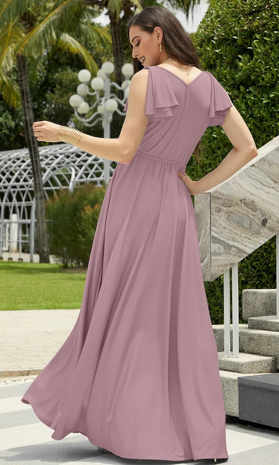 KOH KOH Womens Long V-Neck Ruffle Sleeveless Bridesmaid Prom Gown Maxi Dress