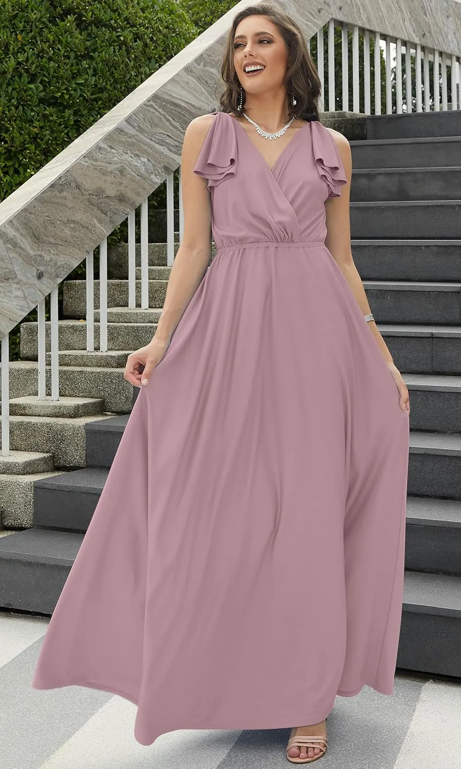 KOH KOH Womens Long V-Neck Ruffle Sleeveless Bridesmaid Prom Gown Maxi Dress