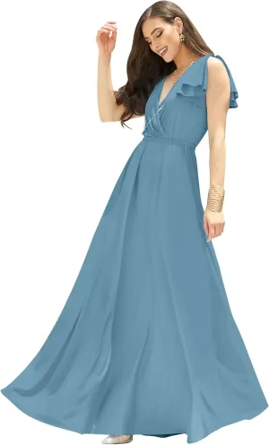 KOH KOH Womens Long V-Neck Ruffle Sleeveless Bridesmaid Prom Gown Maxi Dress