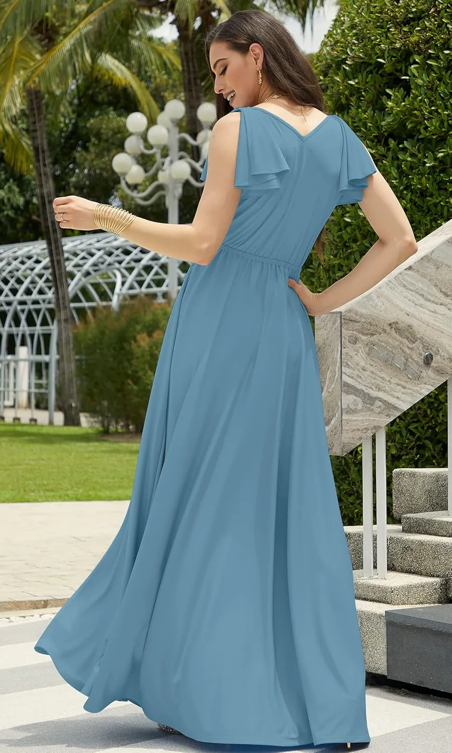 KOH KOH Womens Long V-Neck Ruffle Sleeveless Bridesmaid Prom Gown Maxi Dress