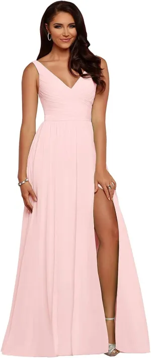 kosoze V Neck Chiffon Bridesmaid Dresses for Wedding A-Line Pleated Wedding Guest Dresses with Slit