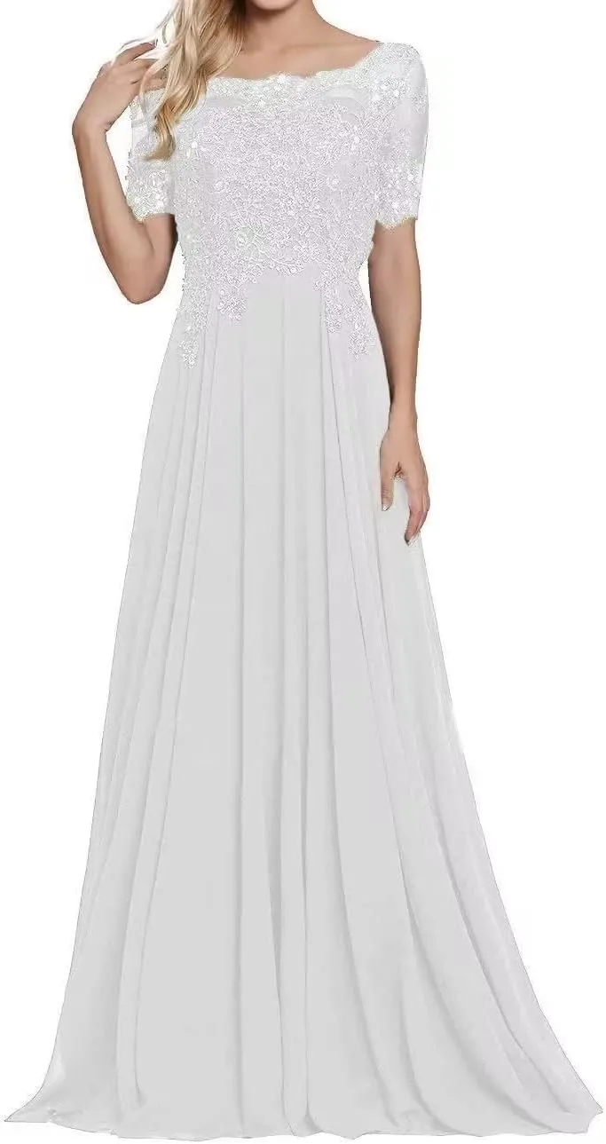 Lace Appliques Mother of The Bride Dresses Chiffon Long Formal Evening Dress Short Sleeves Dresses for Women