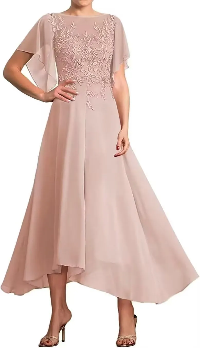 Lace Appliques Mother of The Bride Dresses for Wedding Tea Length Chiffon Summer Formal Evening Gown with Sleeves