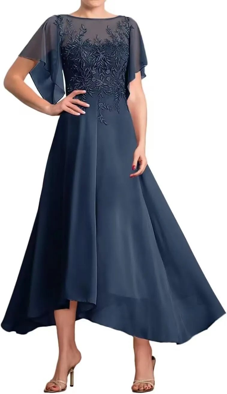 Lace Appliques Mother of The Bride Dresses for Wedding Tea Length Chiffon Summer Formal Evening Gown with Sleeves
