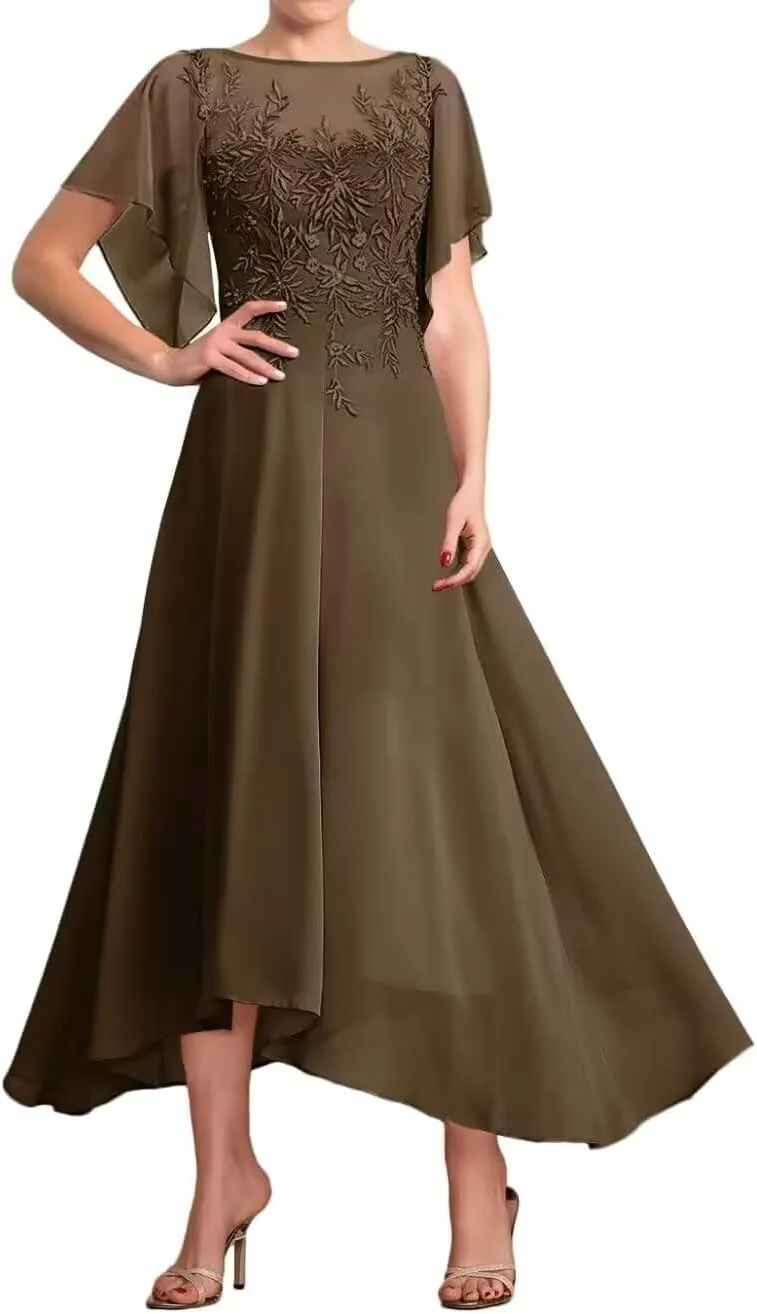Lace Appliques Mother of The Bride Dresses for Wedding Tea Length Chiffon Summer Formal Evening Gown with Sleeves