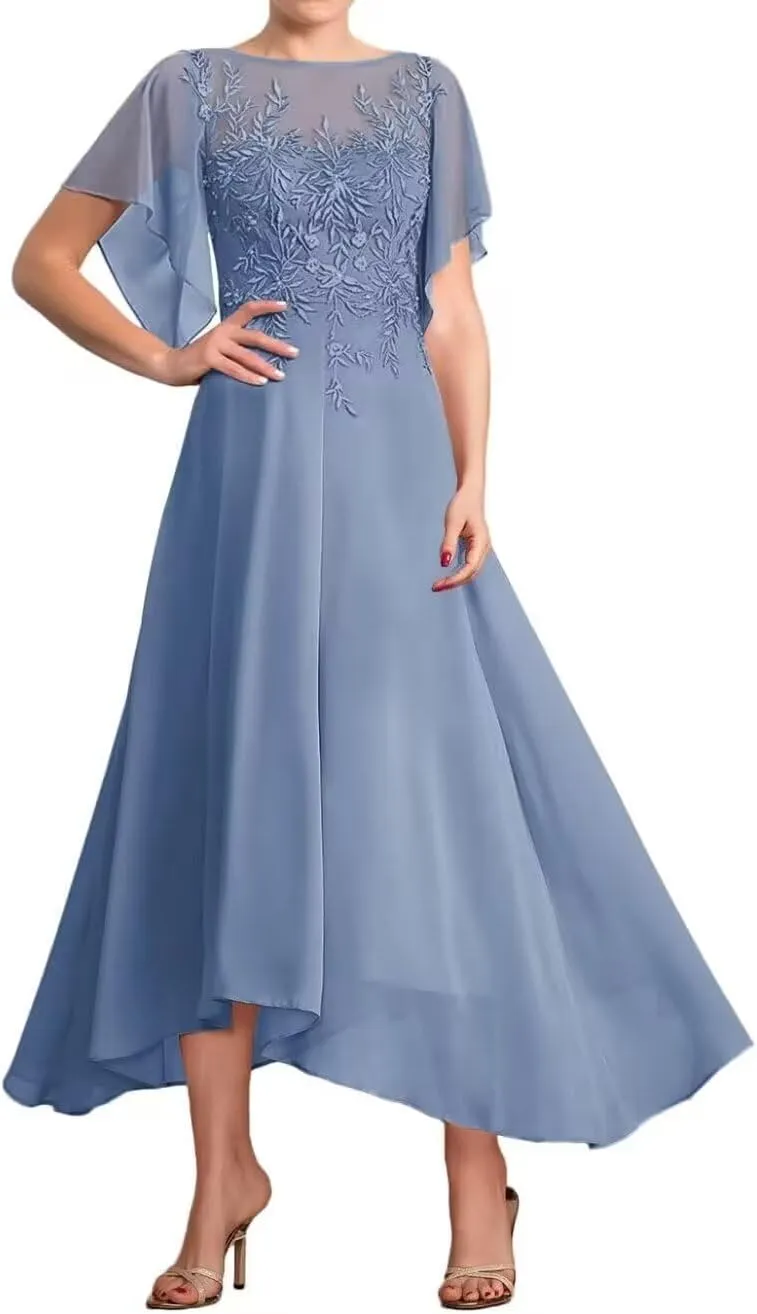 Lace Appliques Mother of The Bride Dresses for Wedding Tea Length Chiffon Summer Formal Evening Gown with Sleeves