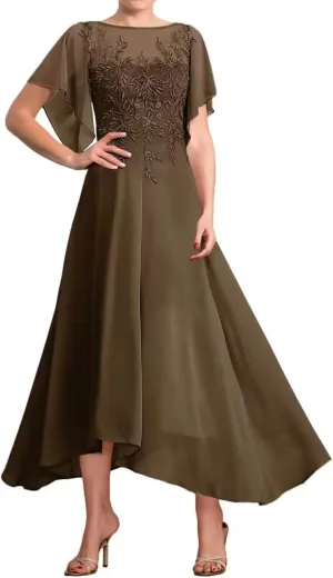 Lace Appliques Mother of The Bride Dresses for Wedding Tea Length Chiffon Summer Formal Evening Gown with Sleeves