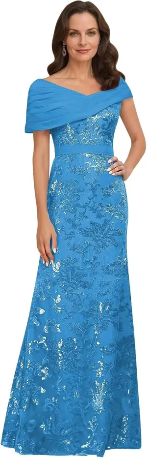 Lace Sequin Mother of The Bride Dresses for Women Long Mermaid Off The Shoulder Formal Evening Dress with Sleeves