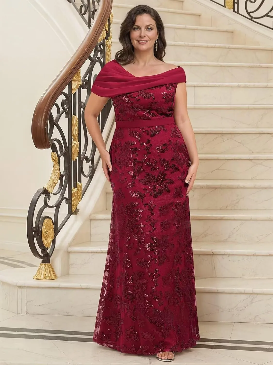 Lace Sequin Mother of The Bride Dresses for Women Long Mermaid Off The Shoulder Formal Evening Dress with Sleeves