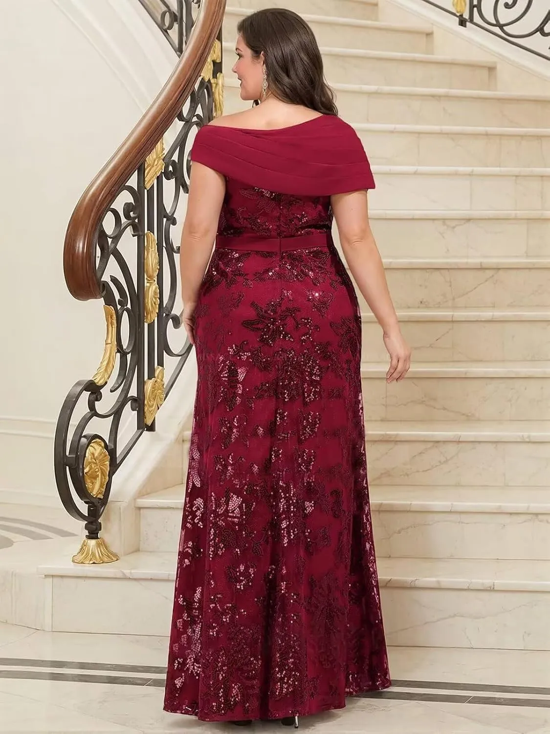 Lace Sequin Mother of The Bride Dresses for Women Long Mermaid Off The Shoulder Formal Evening Dress with Sleeves