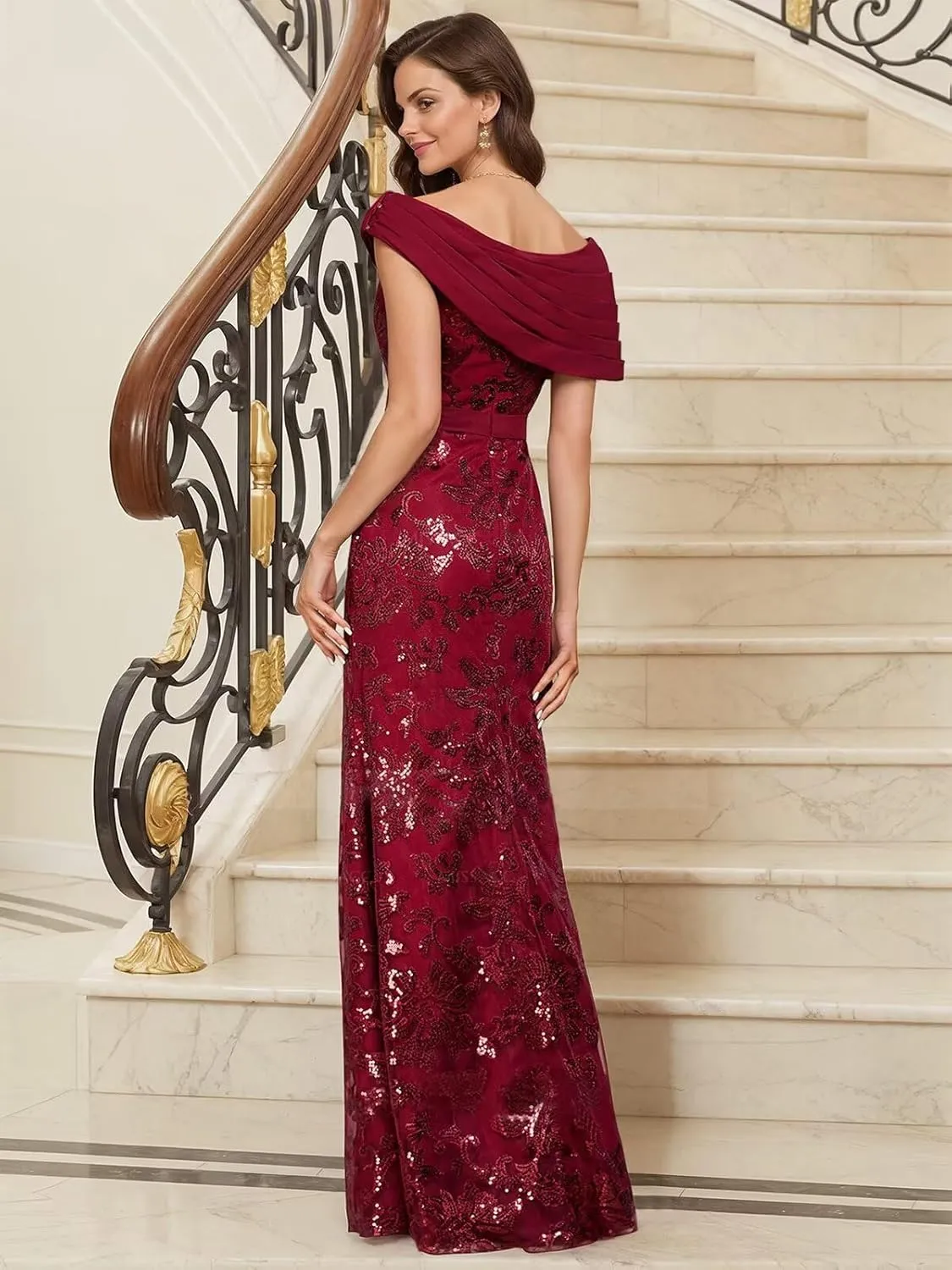 Lace Sequin Mother of The Bride Dresses for Women Long Mermaid Off The Shoulder Formal Evening Dress with Sleeves