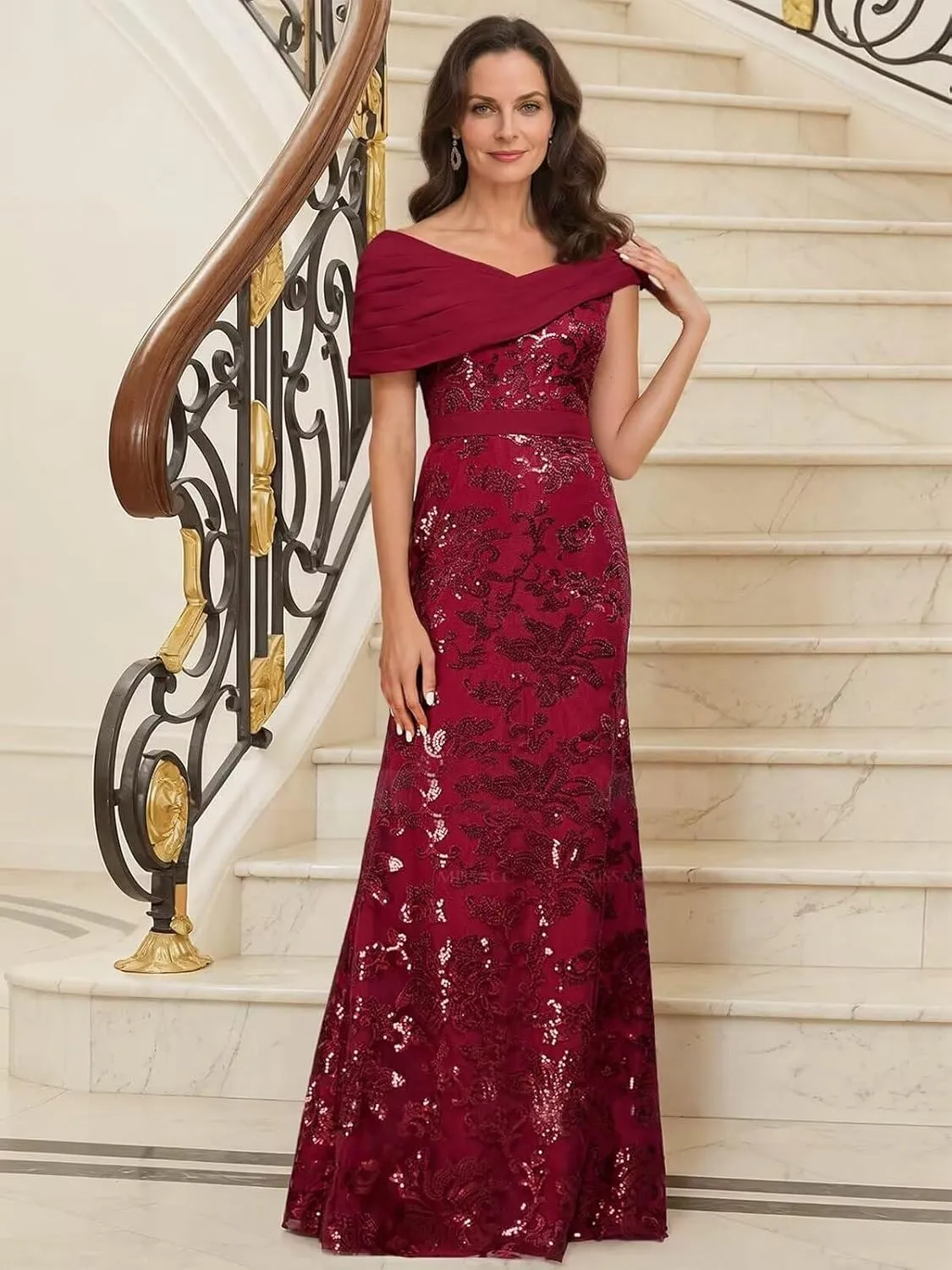 Lace Sequin Mother of The Bride Dresses for Women Long Mermaid Off The Shoulder Formal Evening Dress with Sleeves