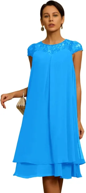 Laces Mother of The Bride Dresses for Wedding Short Sleeve Scoop Neck Chiffon Knee Length Formal Evening Gowns Blue