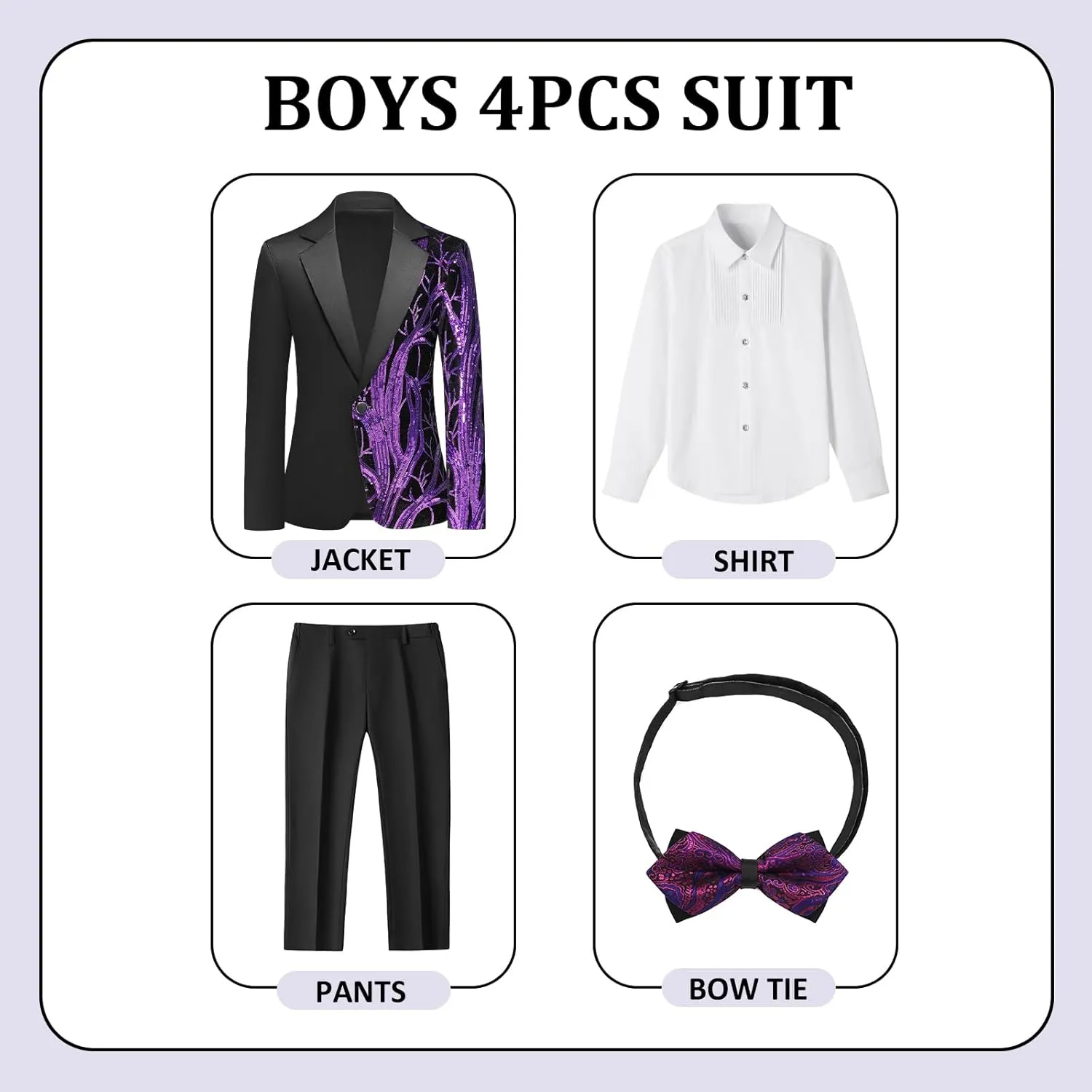 Lamgool Tuxedo Suits for Boys Kids Formal Outfit 4-Piece Set with Sequin Blazer Dress Shirt Black Pants Bow tie Prom Wedding