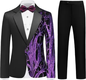 Lamgool Tuxedo Suits for Boys Kids Formal Outfit 4-Piece Set with Sequin Blazer Dress Shirt Black Pants Bow tie Prom Wedding