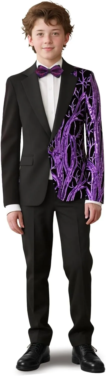 Lamgool Tuxedo Suits for Boys Kids Formal Outfit 4-Piece Set with Sequin Blazer Dress Shirt Black Pants Bow tie Prom Wedding