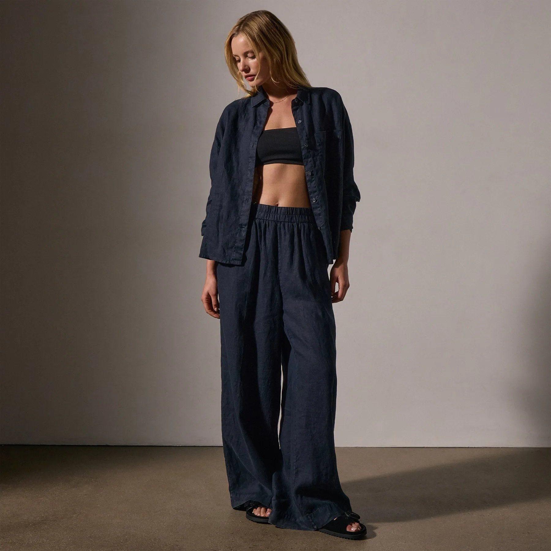 Lightweight Linen Wide Leg Pant - Classic Navy