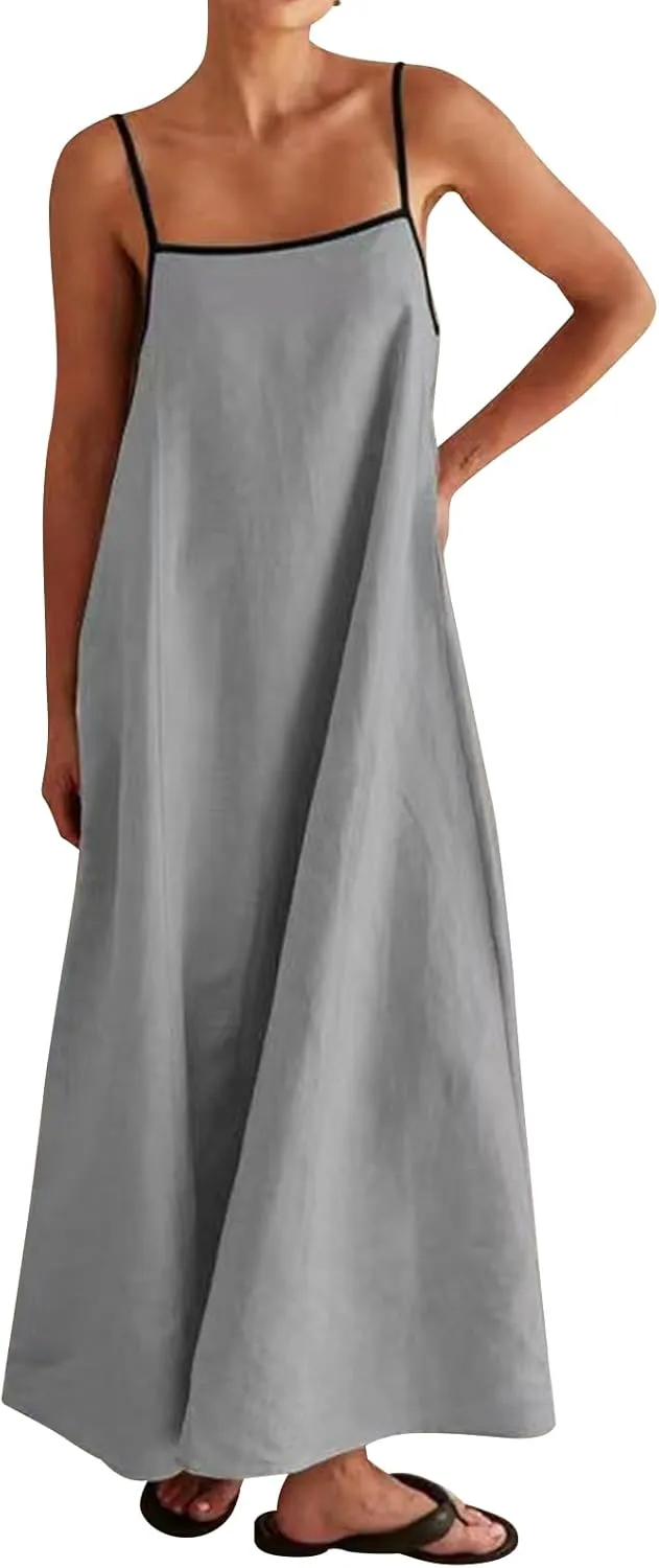 Lisskolo Women Spaghetti Strap Maxi Dress Solid Color Linen Sleeveless A Line Contrast Swing Beach Vacation Long Flowy Dress
