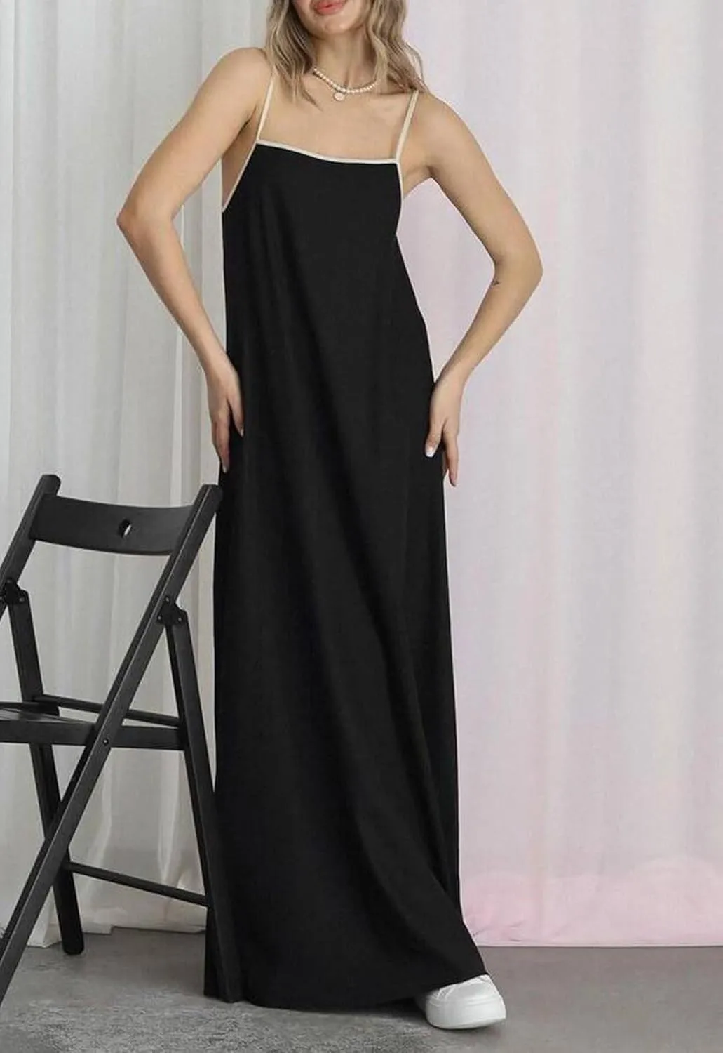 Lisskolo Women Spaghetti Strap Maxi Dress Solid Color Linen Sleeveless A Line Contrast Swing Beach Vacation Long Flowy Dress