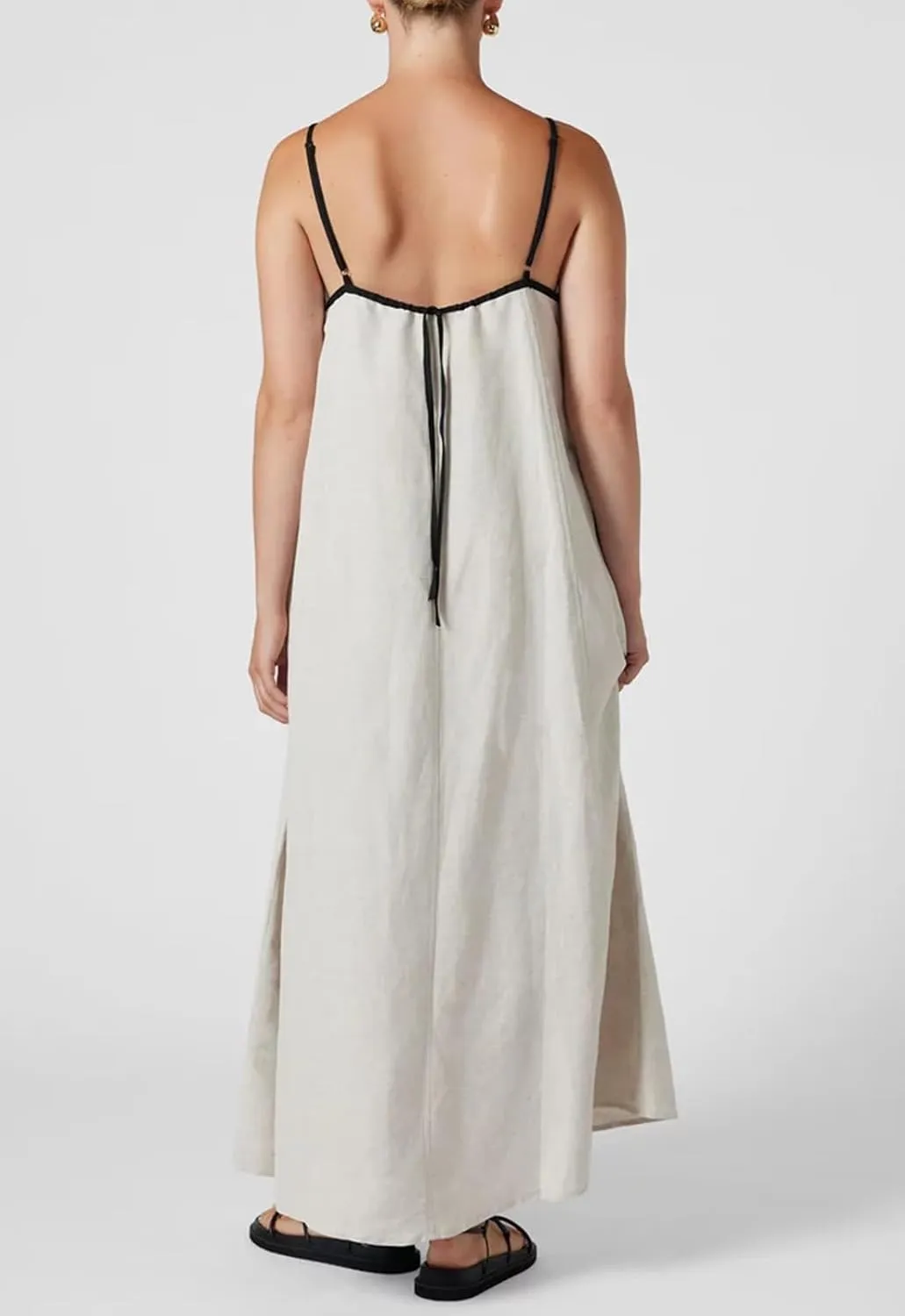 Lisskolo Women Spaghetti Strap Maxi Dress Solid Color Linen Sleeveless A Line Contrast Swing Beach Vacation Long Flowy Dress