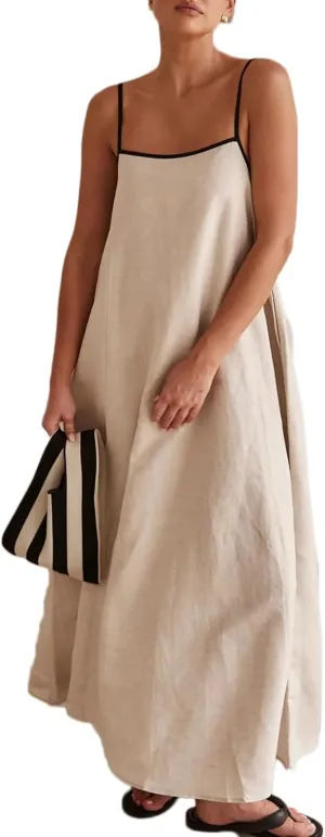 Lisskolo Women Spaghetti Strap Maxi Dress Solid Color Linen Sleeveless A Line Contrast Swing Beach Vacation Long Flowy Dress