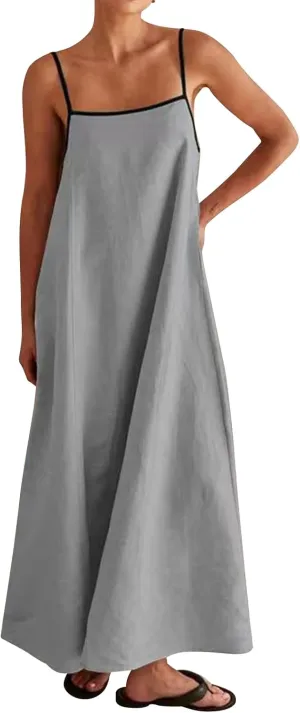 Lisskolo Women Spaghetti Strap Maxi Dress Solid Color Linen Sleeveless A Line Contrast Swing Beach Vacation Long Flowy Dress