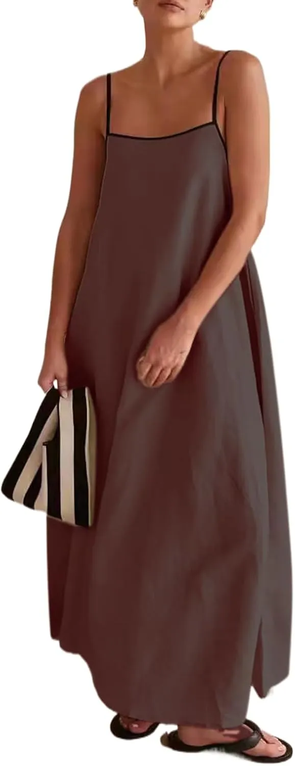 Lisskolo Women Spaghetti Strap Maxi Dress Solid Color Linen Sleeveless A Line Contrast Swing Beach Vacation Long Flowy Dress