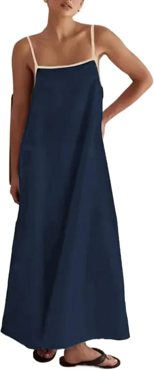 Lisskolo Women Spaghetti Strap Maxi Dress Solid Color Linen Sleeveless A Line Contrast Swing Beach Vacation Long Flowy Dress