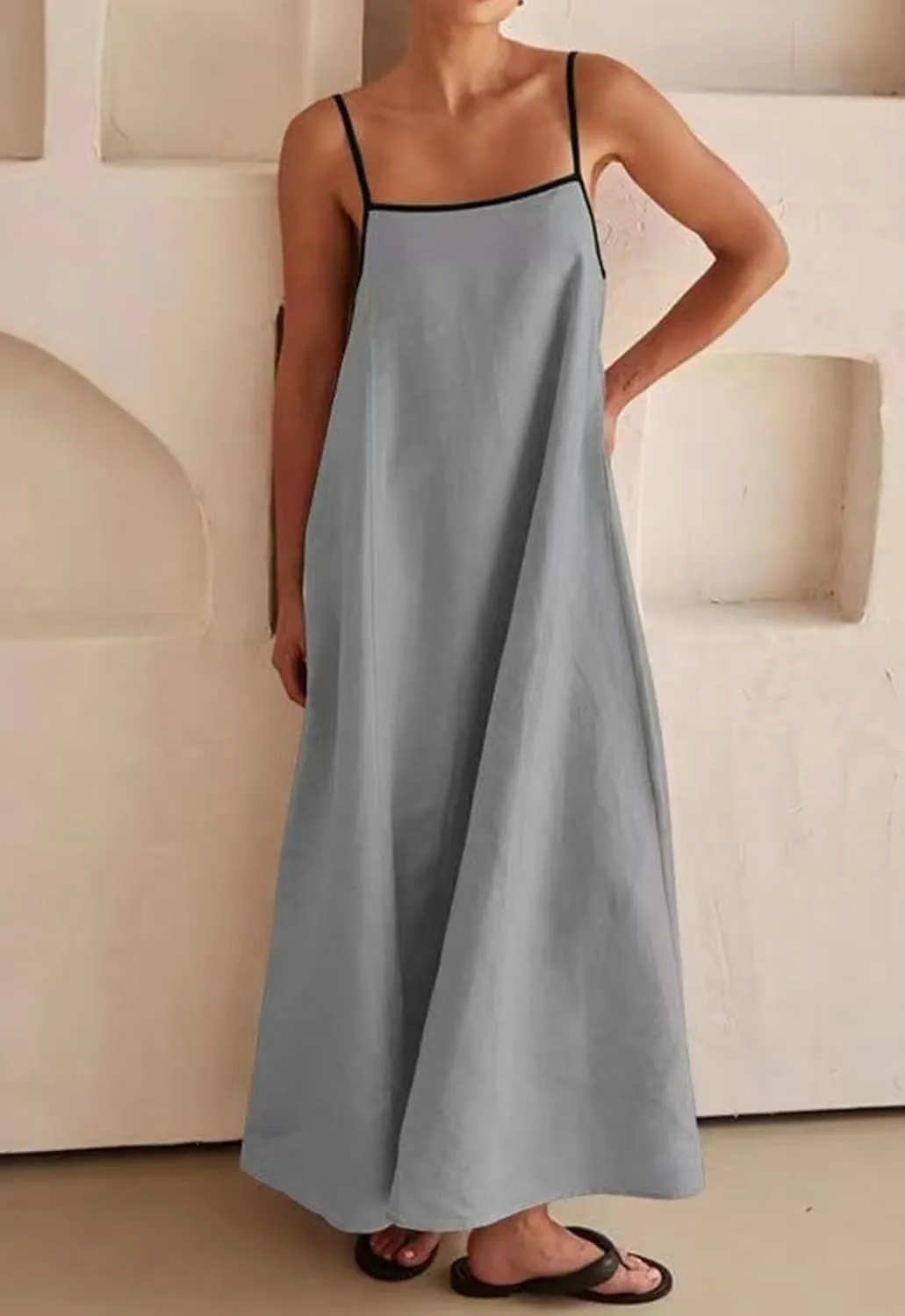 Lisskolo Women Spaghetti Strap Maxi Dress Solid Color Linen Sleeveless A Line Contrast Swing Beach Vacation Long Flowy Dress