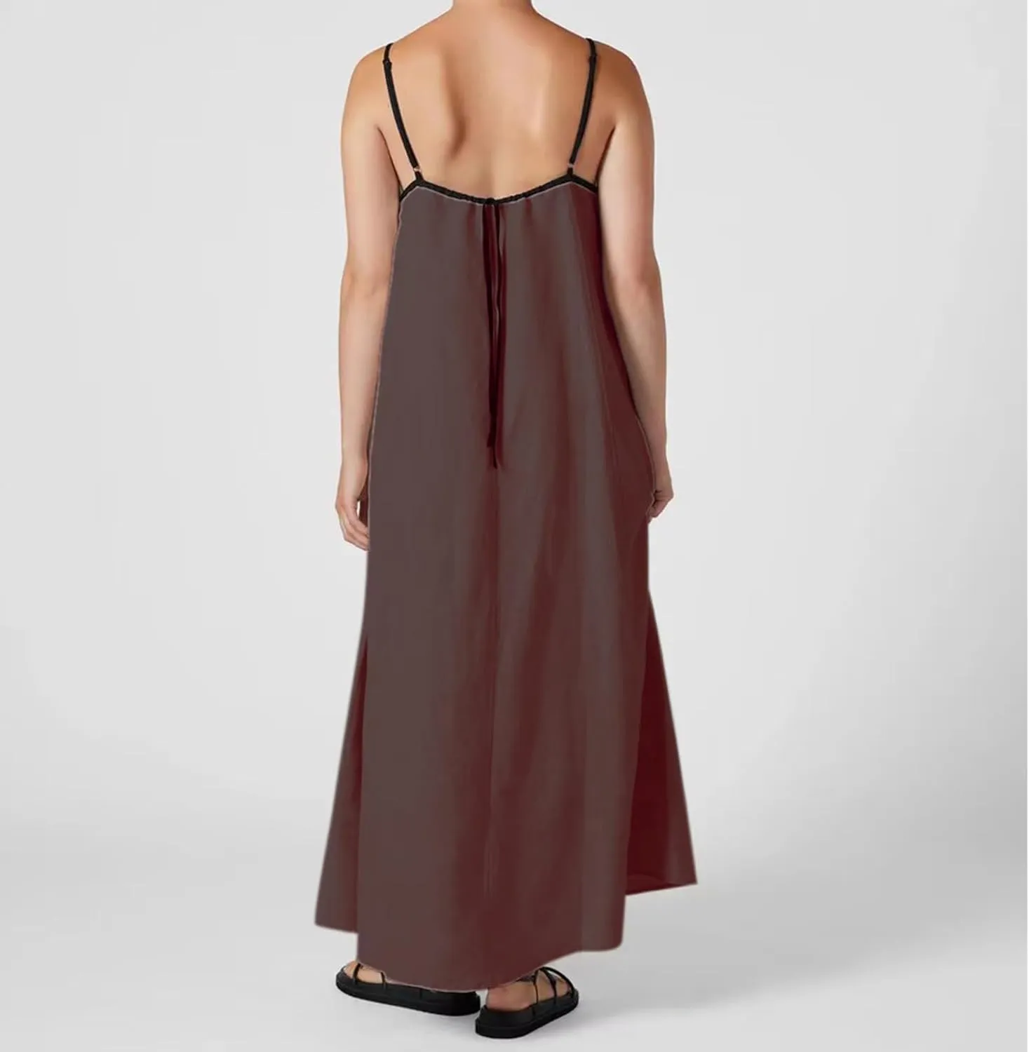 Lisskolo Women Spaghetti Strap Maxi Dress Solid Color Linen Sleeveless A Line Contrast Swing Beach Vacation Long Flowy Dress