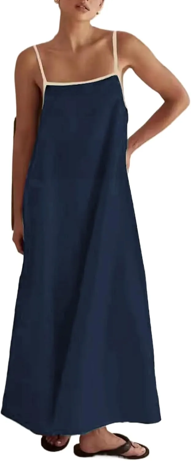 Lisskolo Women Spaghetti Strap Maxi Dress Solid Color Linen Sleeveless A Line Contrast Swing Beach Vacation Long Flowy Dress