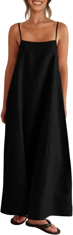 Lisskolo Women Spaghetti Strap Maxi Dress Solid Color Linen Sleeveless A Line Contrast Swing Beach Vacation Long Flowy Dress