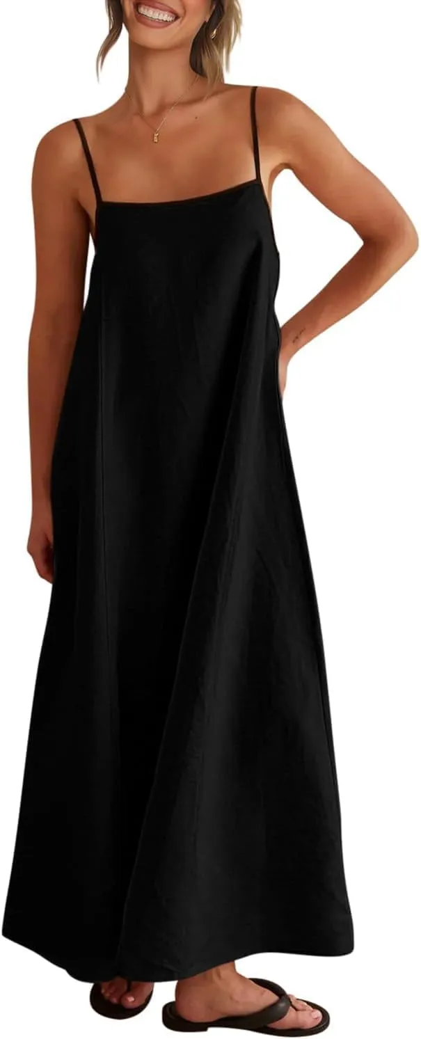 Lisskolo Women Spaghetti Strap Maxi Dress Solid Color Linen Sleeveless A Line Contrast Swing Beach Vacation Long Flowy Dress