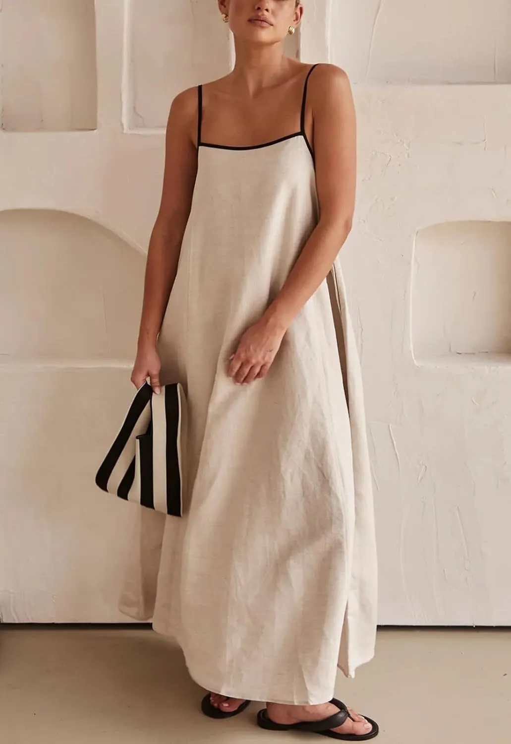 Lisskolo Women Spaghetti Strap Maxi Dress Solid Color Linen Sleeveless A Line Contrast Swing Beach Vacation Long Flowy Dress