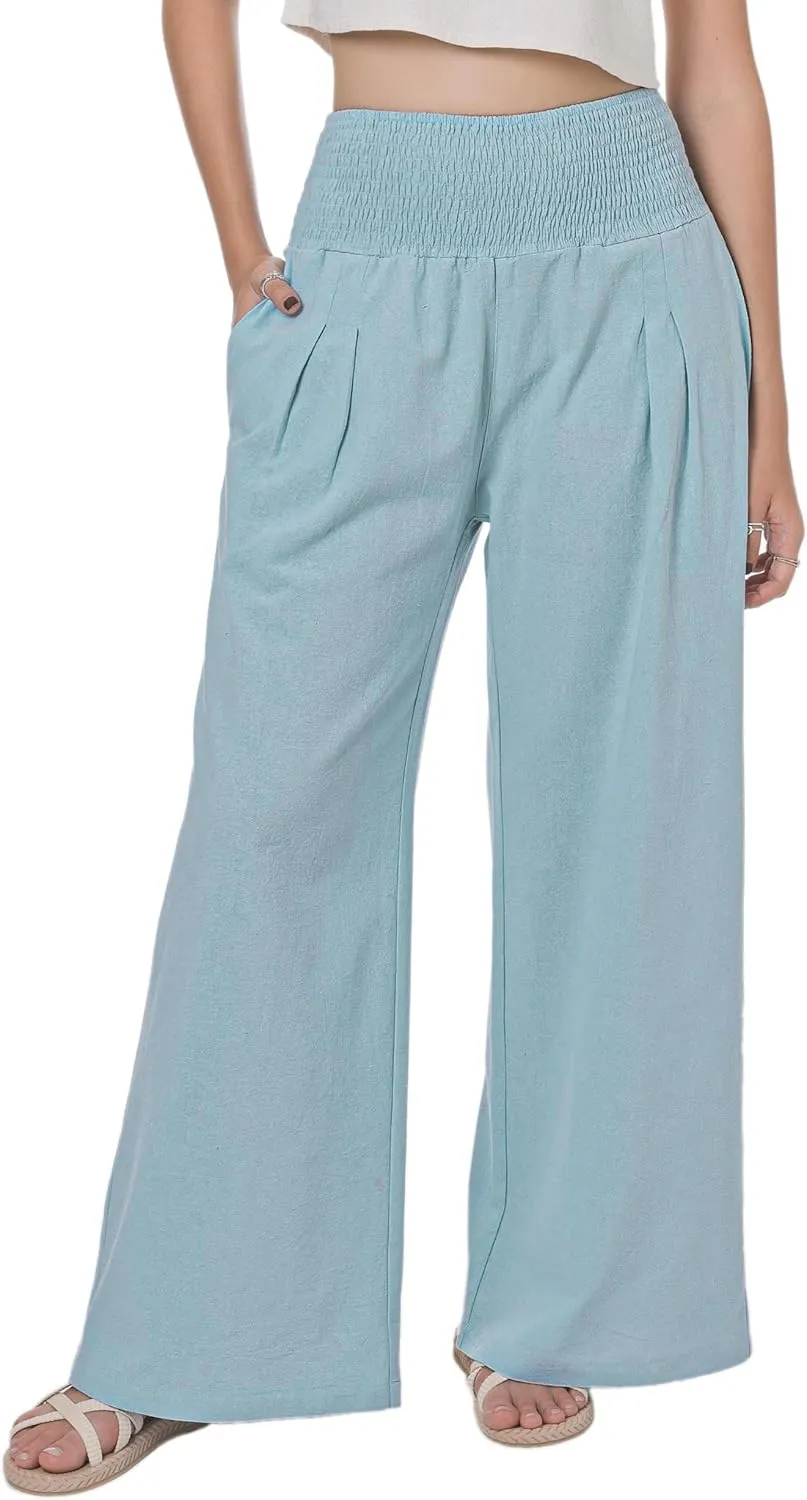 LOFBAZ Women Summer Flowy Cotton Linen Palazzo Wide Leg Pants Beach High Waisted Trousers Boho Long Lounge Pant with Pockets
