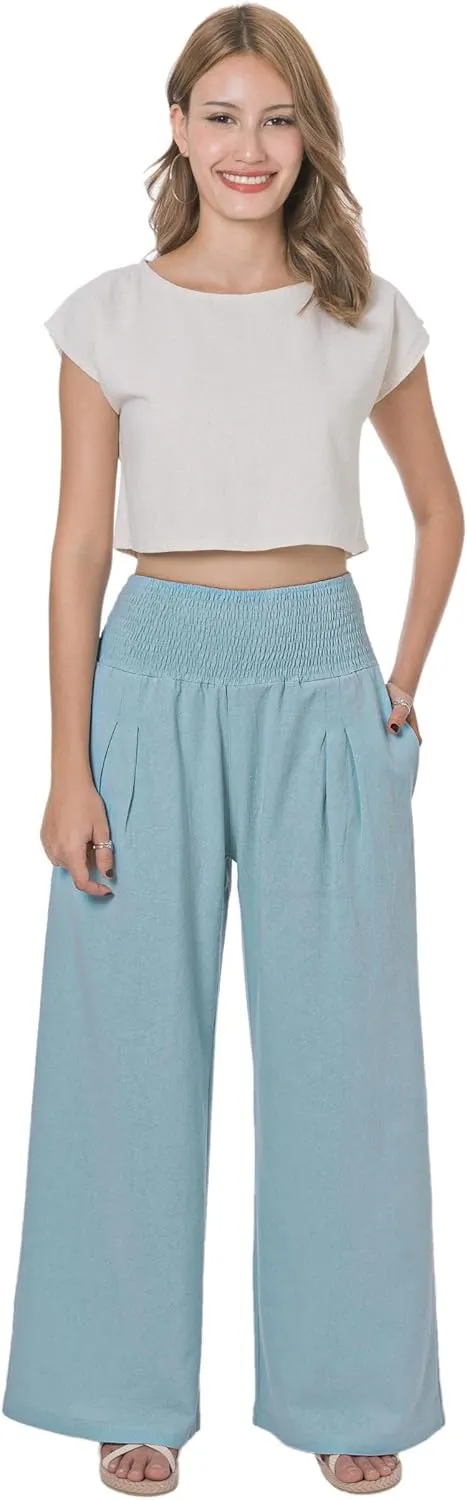 LOFBAZ Women Summer Flowy Cotton Linen Palazzo Wide Leg Pants Beach High Waisted Trousers Boho Long Lounge Pant with Pockets