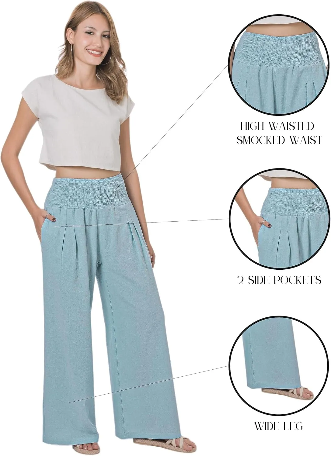 LOFBAZ Women Summer Flowy Cotton Linen Palazzo Wide Leg Pants Beach High Waisted Trousers Boho Long Lounge Pant with Pockets