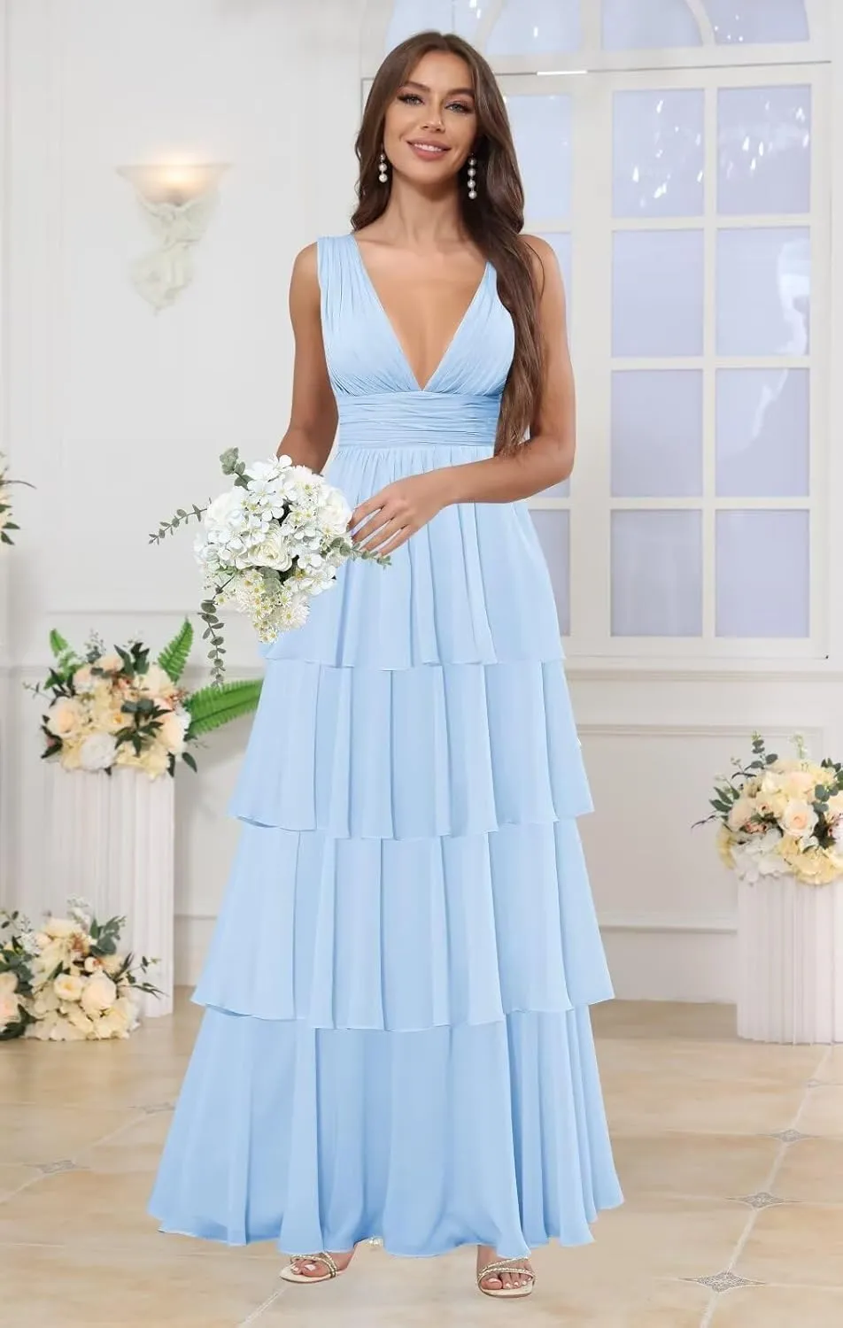 Long Chiffon Tiered Bridesmaid Dresses for Women A Line Pleated V Neck Ruffles Formal Evening Gown